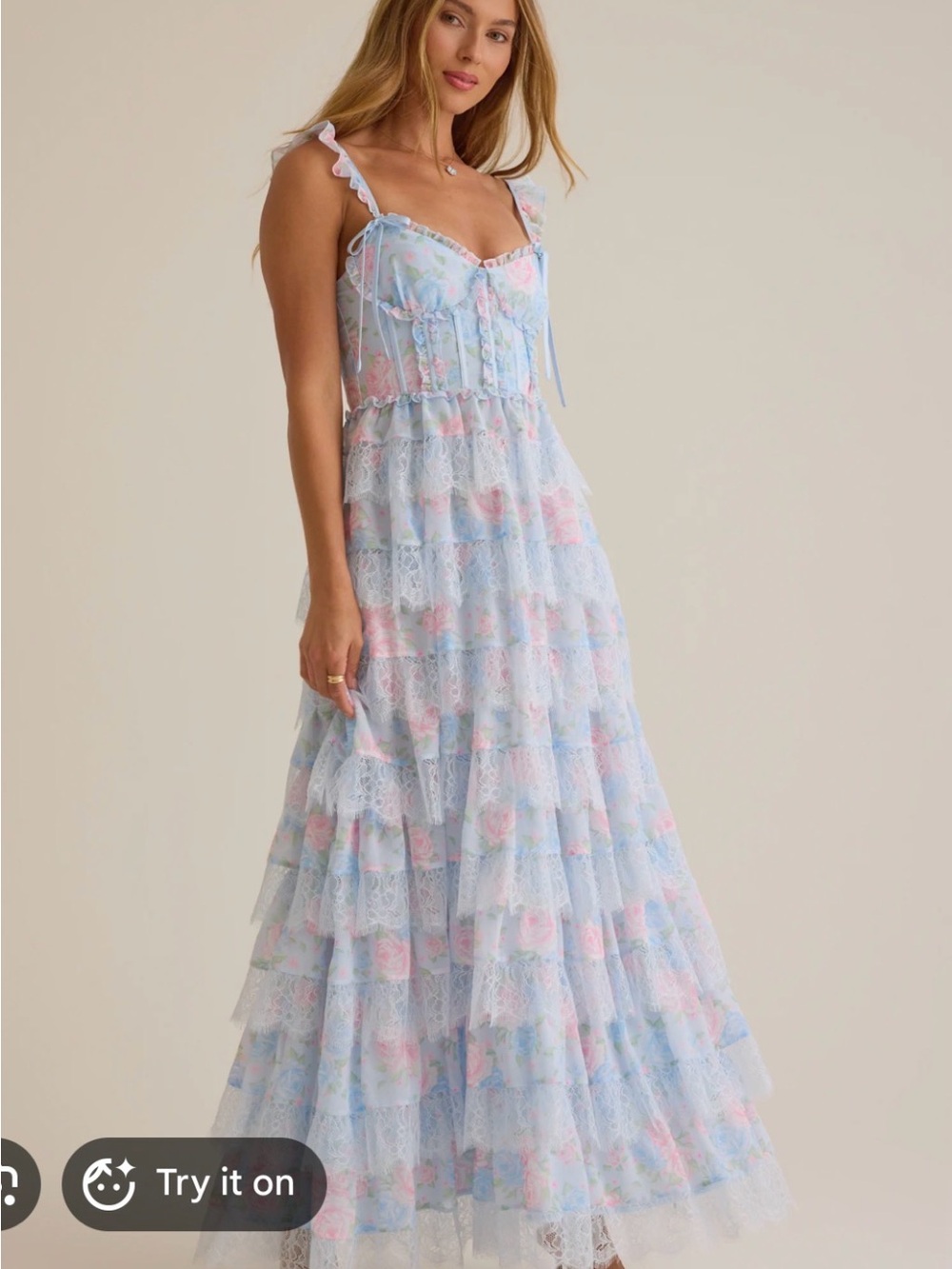 Altar'd State Light Blue & Pink Floral Lace Tiered Maxi Dress